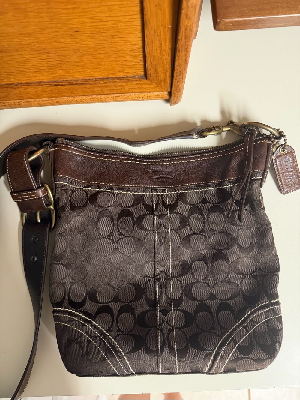 Coach Brown Signature Monogram Crossbody Bag with Dark Leather Trim